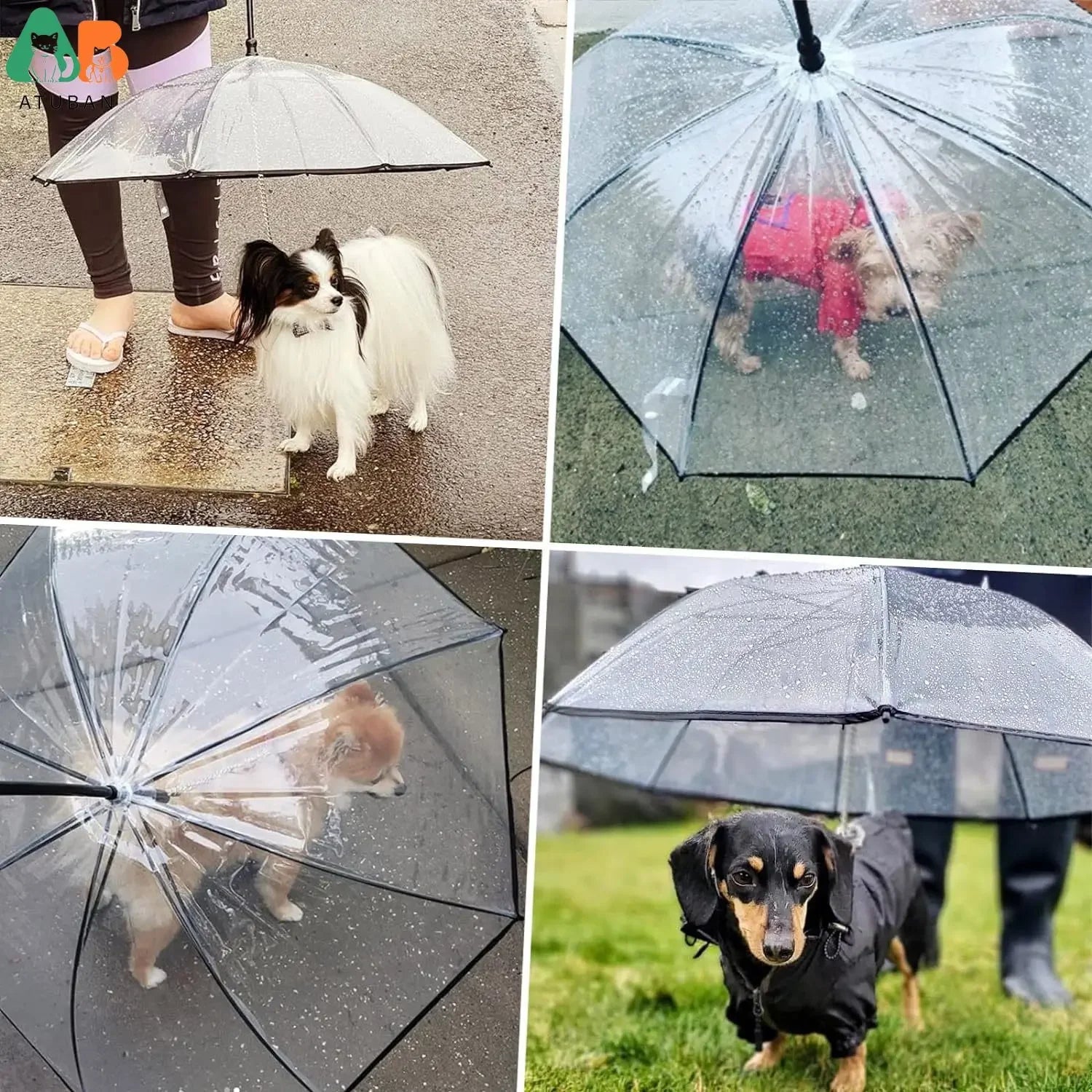 Dog Umbrella with Leash for Small Pets, Umbrella for Dogs Fits 20” Back Length Pets,J-Shape Handle,Clear Umbrella Surface