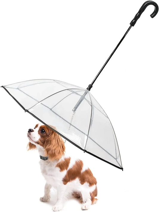 Dog Umbrella with Leash for Small Pets, Umbrella for Dogs Fits 20” Back Length Pets,J-Shape Handle,Clear Umbrella Surface