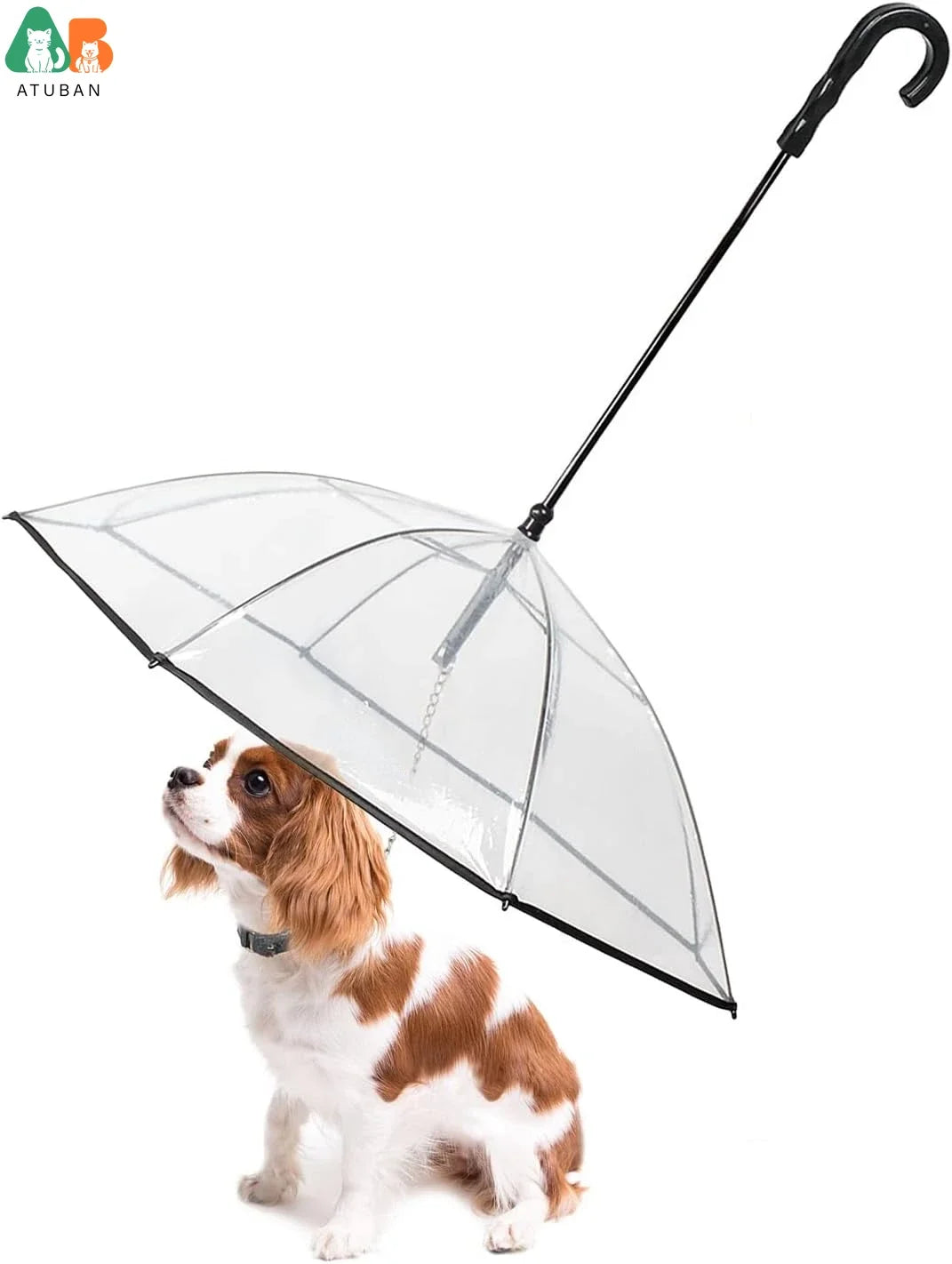 Dog Umbrella with Leash for Small Pets, Umbrella for Dogs Fits 20” Back Length Pets,J-Shape Handle,Clear Umbrella Surface
